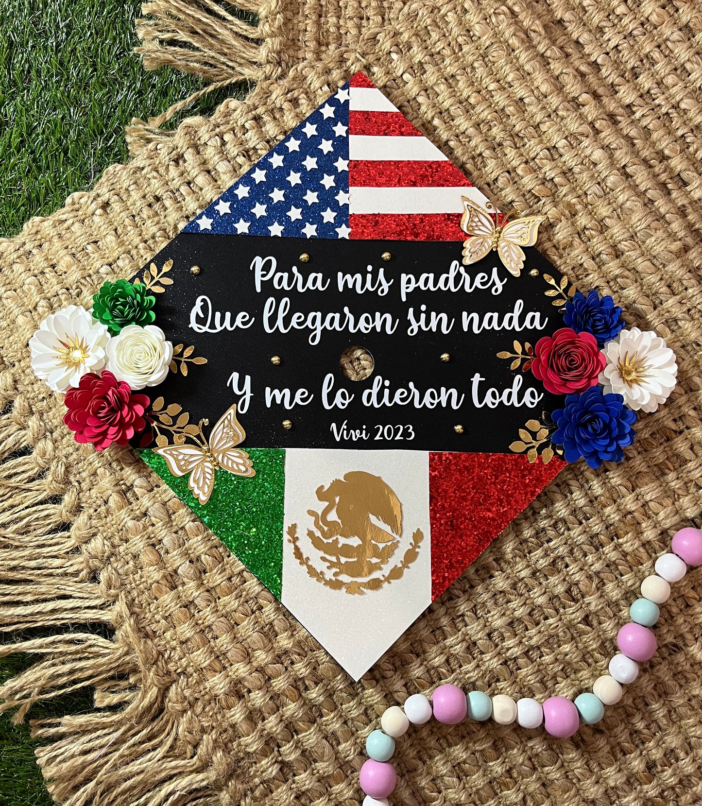 Grad Cap Topper 2 Country flags & Flowers