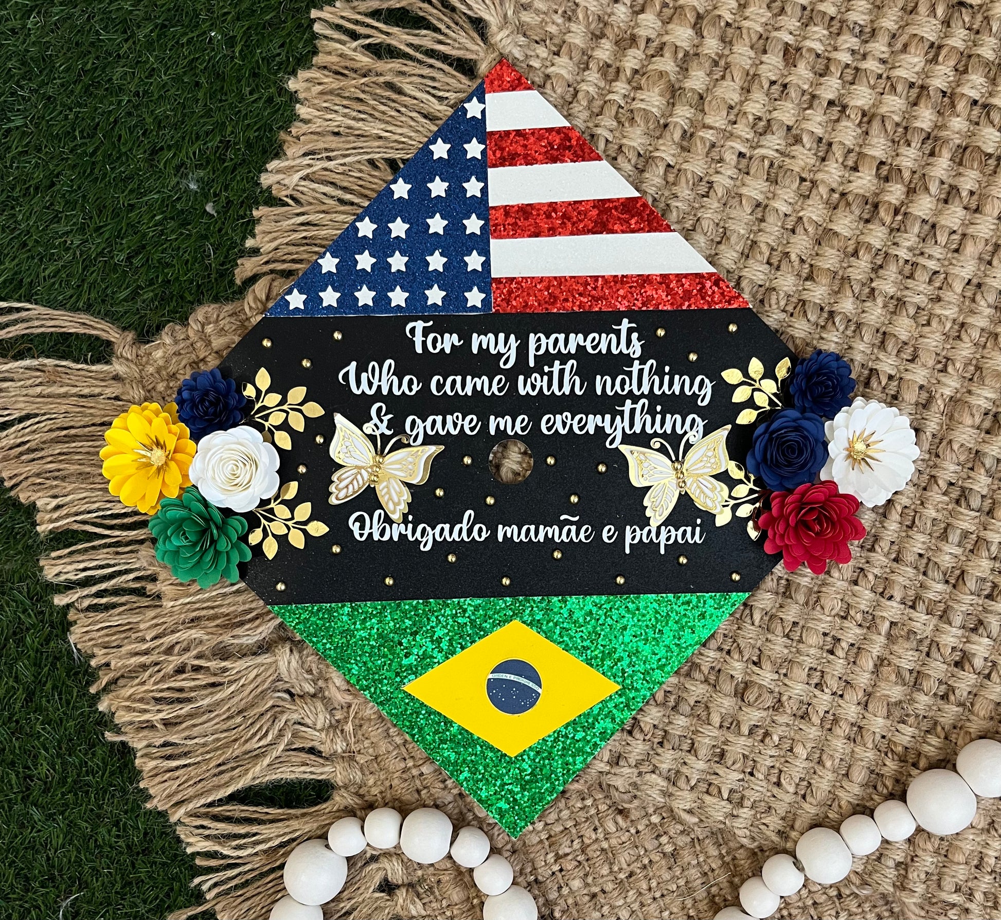 Grad Cap Topper 2 Country flags & Flowers – Cynthia's paper flowers
